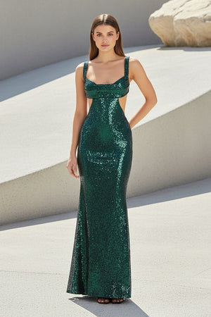Inoria | Dark Green - Scoop Neck Mermaid Sequins Long Prom Dresses With Cutout - KissProm
