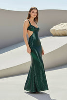 Inoria | Dark Green - Scoop Neck Mermaid Sequins Long Prom Dresses With Cutout - KissProm
