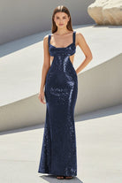 Inoria | Dark Green - Scoop Neck Mermaid Sequins Long Prom Dresses With Cutout - KissProm