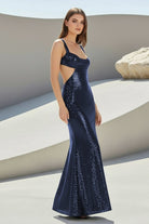 Inoria | Dark Green - Scoop Neck Mermaid Sequins Long Prom Dresses With Cutout - KissProm