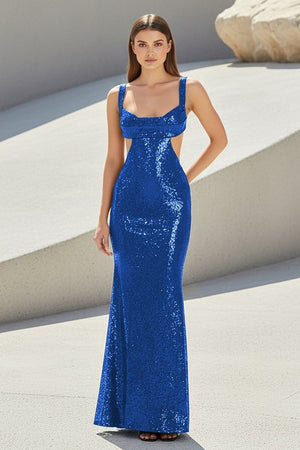 Inoria | Dark Green - Scoop Neck Mermaid Sequins Long Prom Dresses With Cutout - KissProm