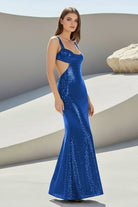 Inoria | Dark Green - Scoop Neck Mermaid Sequins Long Prom Dresses With Cutout - KissProm