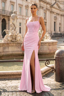Mermaid Spaghetti Straps Red Beaded Long Prom Dress with Slit - KISSPROM PROM DRESSES