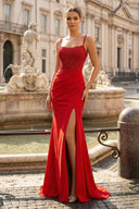 Mermaid Spaghetti Straps Red Beaded Long Prom Dress with Slit - KISSPROM PROM DRESSES