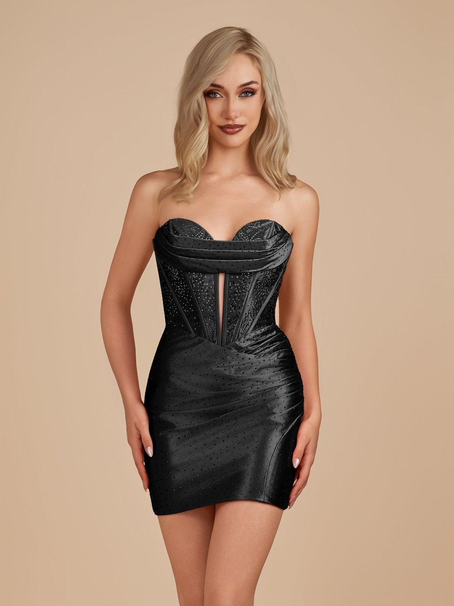 Lolite | Black - Strapless Bodycon Satin Short Homecoming Dress With Beading