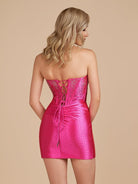 Lolite | Fuchsia - Strapless Bodycon Satin Short Homecoming Dress With Beading