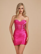 Lolite | Fuchsia - Strapless Bodycon Satin Short Homecoming Dress With Beading