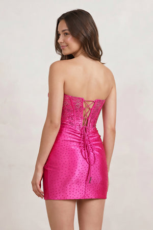 Lolite | Fuchsia - Strapless Bodycon Satin Short Homecoming Dress With Beading
