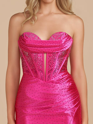 Lolite | Fuchsia - Strapless Bodycon Satin Short Homecoming Dress With Beading