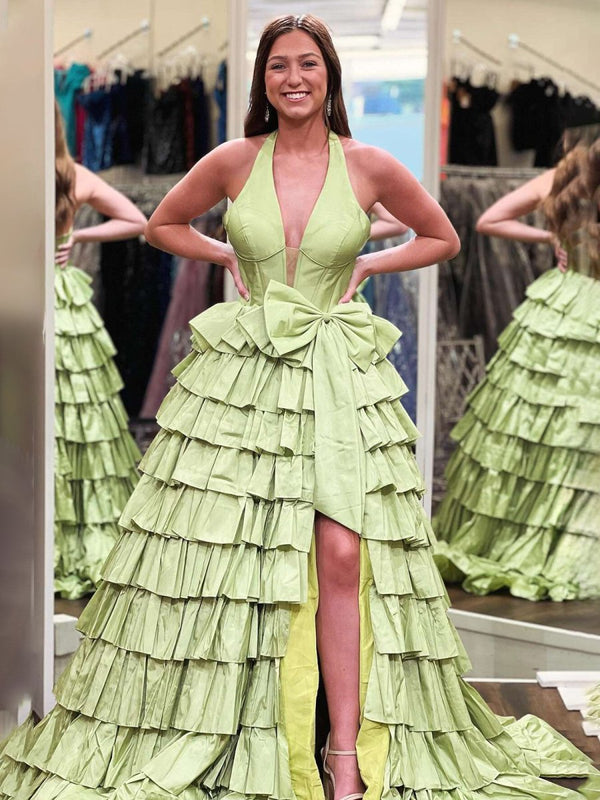 Iridium | Halter A-Line Blue Satin Long Ruffled Prom Dress With Slit