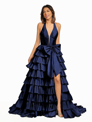 Halter A-Line Blue Satin Long Ruffled Prom Dress With Slit - KISSPROM PROM DRESSES