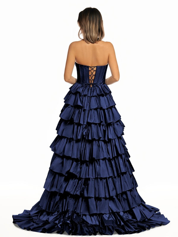 Iridium | Halter A-Line Blue Satin Long Ruffled Prom Dress With Slit