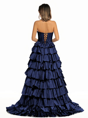 Halter A-Line Blue Satin Long Ruffled Prom Dress With Slit - KISSPROM PROM DRESSES