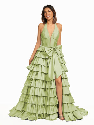 Halter A-Line Blue Satin Long Ruffled Prom Dress With Slit - KISSPROM PROM DRESSES