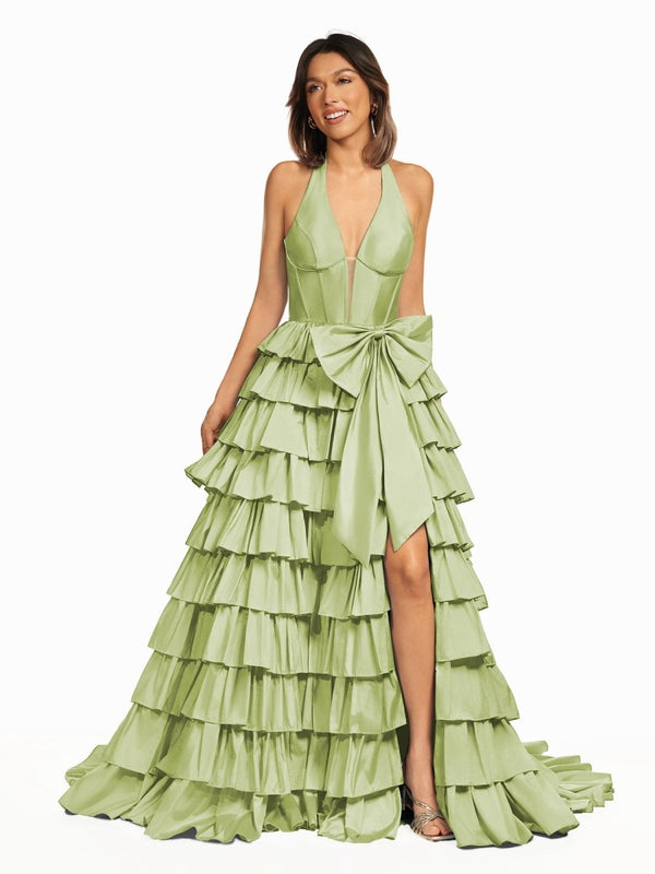 Halter A-Line Blue Satin Long Ruffled Prom Dress With Slit - KISSPROM PROM DRESSES