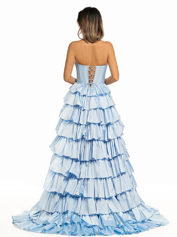 Halter A-Line Blue Satin Long Ruffled Prom Dress With Slit - KISSPROM PROM DRESSES