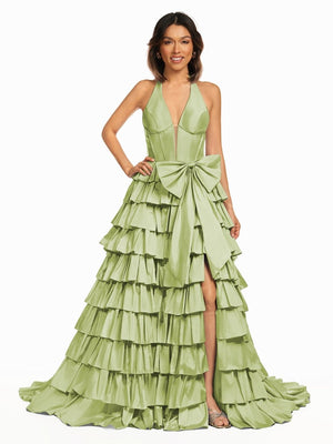 Halter A-Line Blue Satin Long Ruffled Prom Dress With Slit - KISSPROM PROM DRESSES