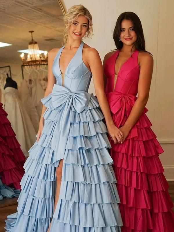 Iridium | Halter A-Line Blue Satin Long Ruffled Prom Dress With Slit