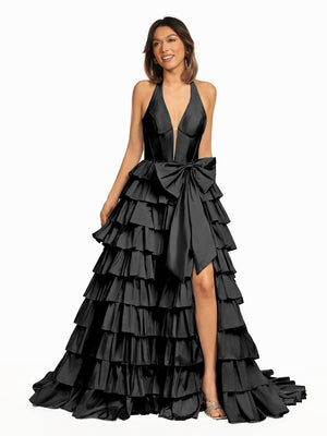 Iridium | Halter A-Line Blue Satin Long Ruffled Prom Dress With Slit