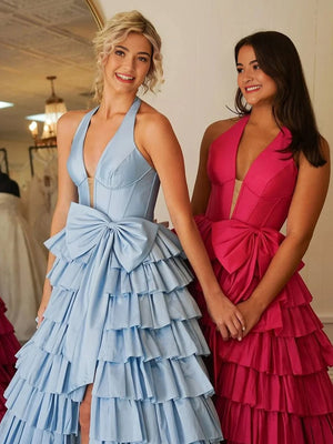 Iridium | Halter A-Line Blue Satin Long Ruffled Prom Dress With Slit