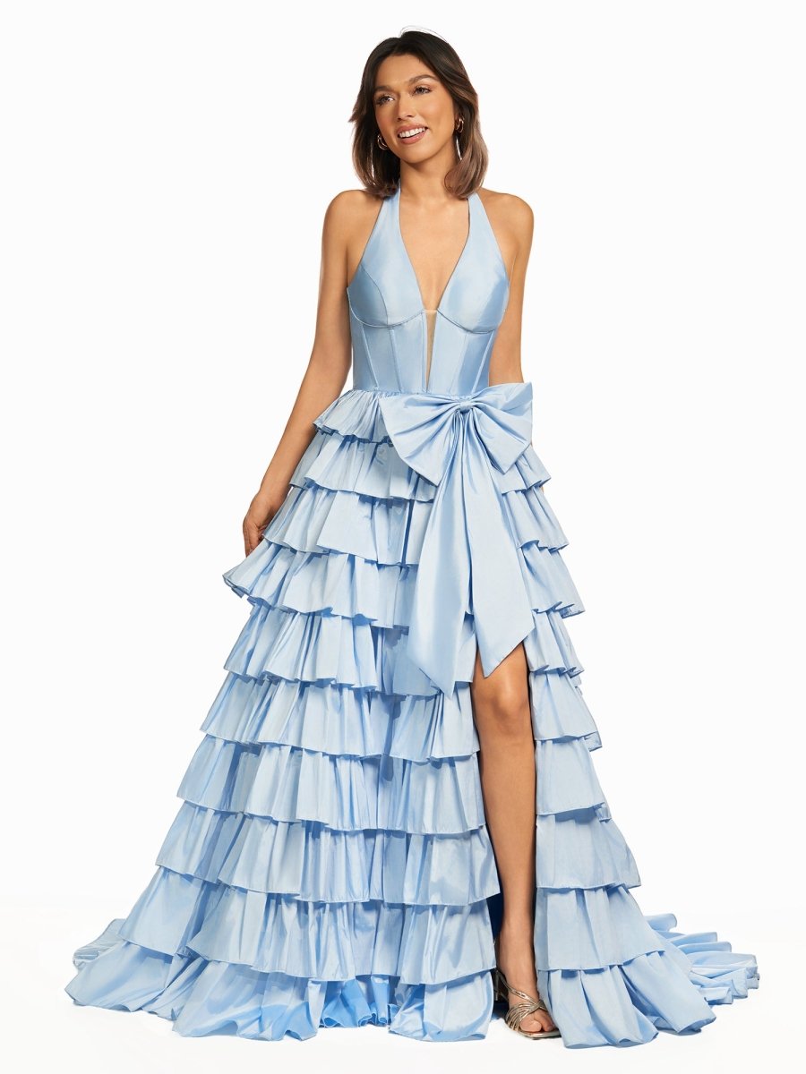 Iridium | Halter A-Line Blue Satin Long Ruffled Prom Dress With Slit