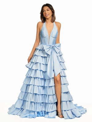 Iridium | Halter A-Line Blue Satin Long Ruffled Prom Dress With Slit