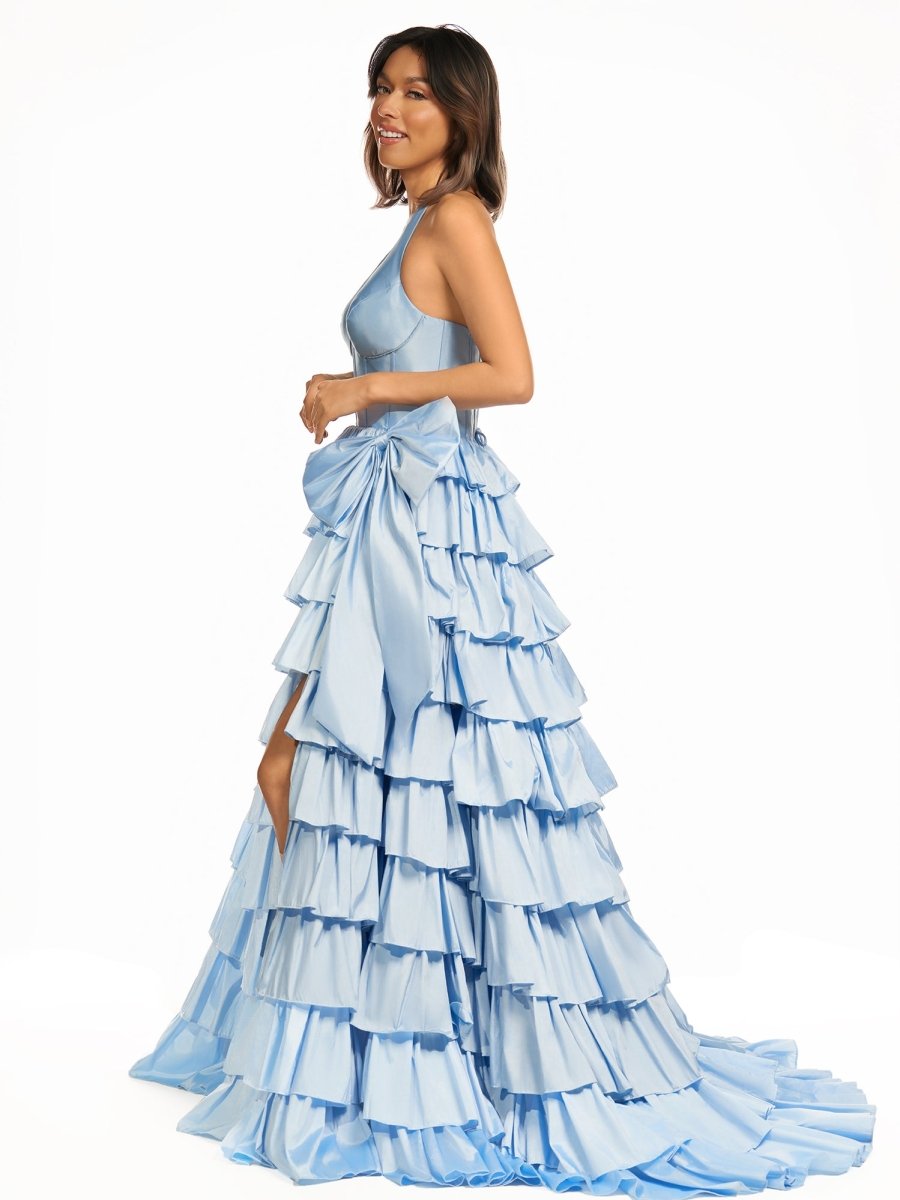 Iridium | Halter A-Line Blue Satin Long Ruffled Prom Dress With Slit