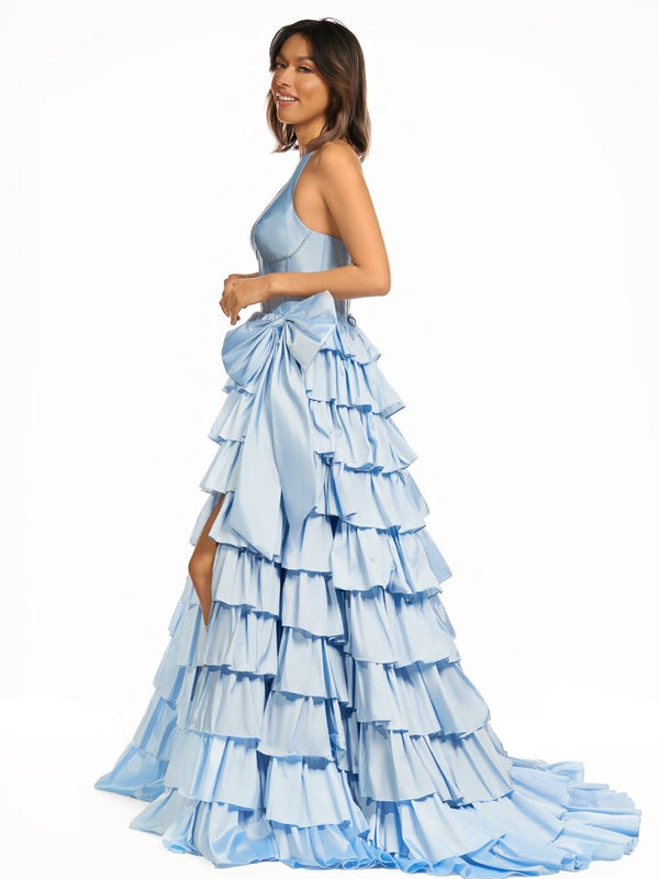 Iridium | Halter A-Line Blue Satin Long Ruffled Prom Dress With Slit
