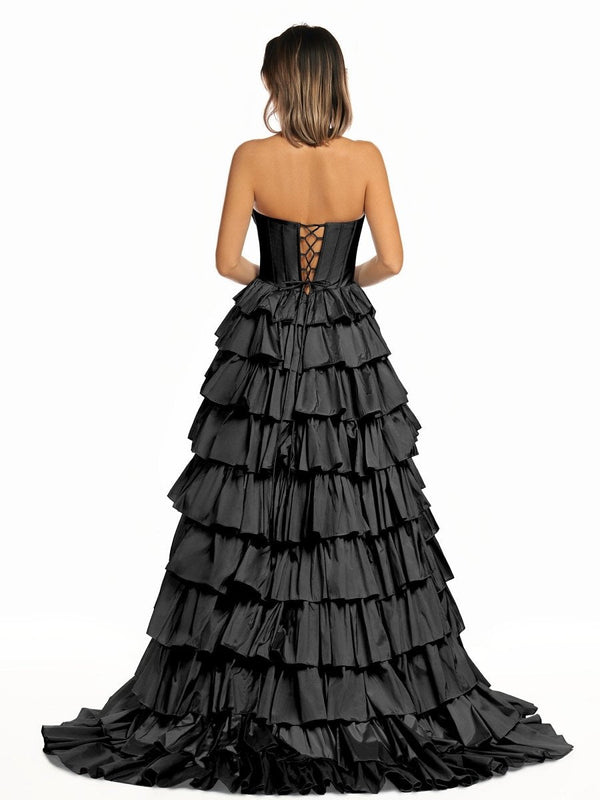 Halter A-Line Blue Satin Long Ruffled Prom Dress With Slit - KISSPROM PROM DRESSES