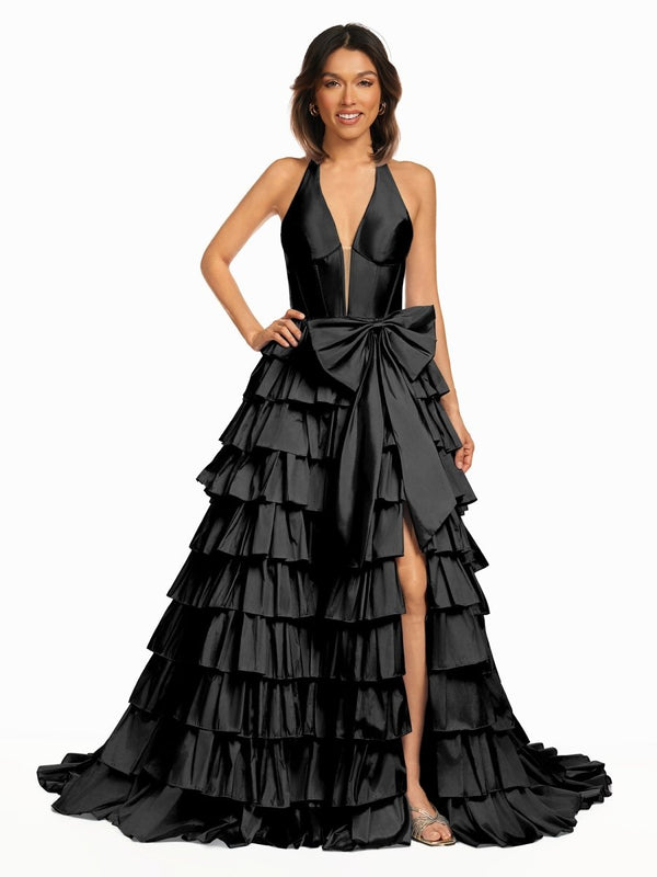 Iridium | Halter A-Line Blue Satin Long Ruffled Prom Dress With Slit