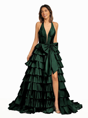 Halter A-Line Blue Satin Long Ruffled Prom Dress With Slit - KISSPROM PROM DRESSES