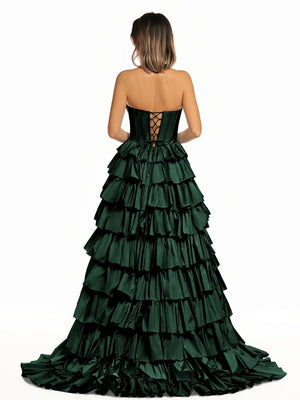 Halter A-Line Blue Satin Long Ruffled Prom Dress With Slit - KISSPROM PROM DRESSES