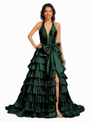 Halter A-Line Blue Satin Long Ruffled Prom Dress With Slit - KISSPROM PROM DRESSES