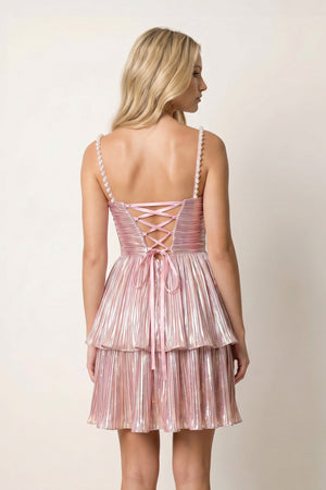 Pink - Spaghetti Straps A Line Metallic Pleated Short Homecoming Dresses With Beading - KissProm