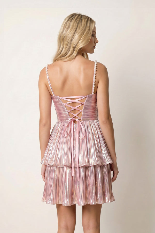 Pink - Spaghetti Straps A Line Metallic Pleated Short Homecoming Dresses With Beading - KissProm