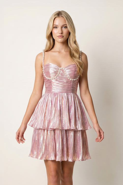 Pink - Spaghetti Straps A Line Metallic Pleated Short Homecoming Dresses With Beading - KissProm