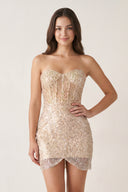 Champagne Sheath Sweetheart Sequins Mini Party Dresses - KISSPROM