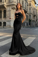 Yellow Sweetheart Mermaid Satin Long Prom Dresses With Cutout – Prom Dresses by KissProm | Available at KissProm