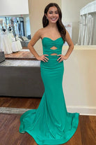 Isalyn | Emerald - Strapless Mermaid Satin Long Prom Dresses With Cutout - KissProm