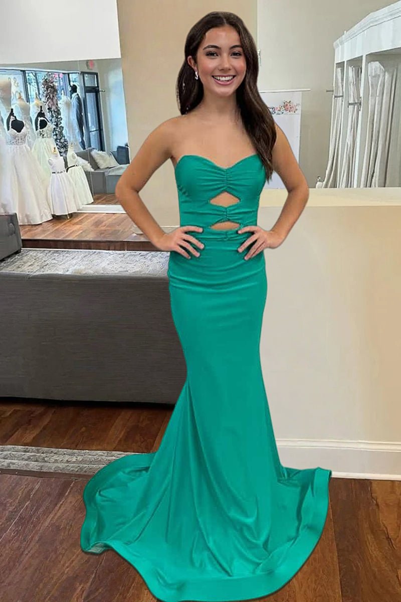 Isalyn | Emerald - Strapless Mermaid Satin Long Prom Dresses With Cutout - KissProm