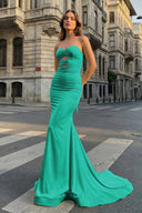 Yellow Sweetheart Mermaid Satin Long Prom Dresses With Cutout – Prom Dresses by KissProm | Available at KissProm