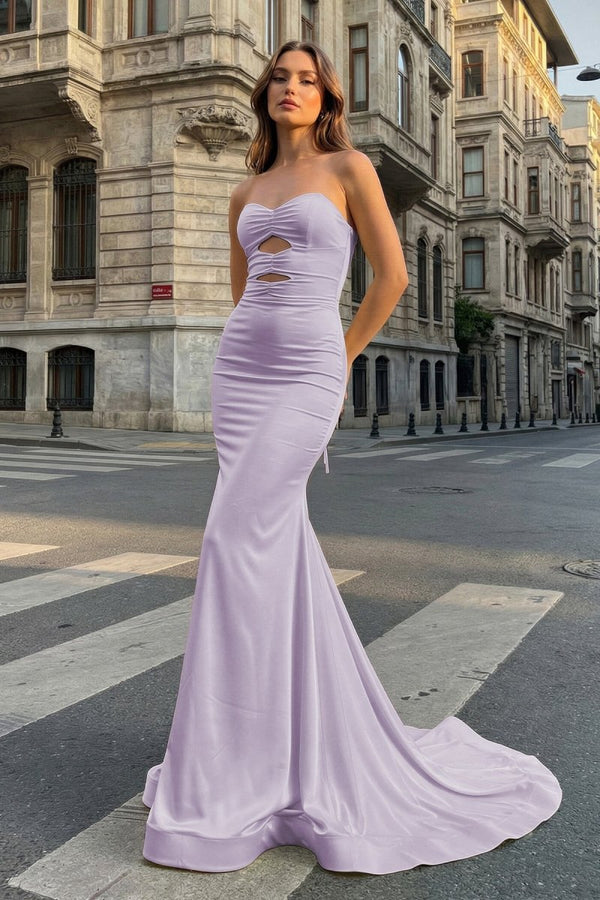 Yellow Sweetheart Mermaid Satin Long Prom Dresses With Cutout
