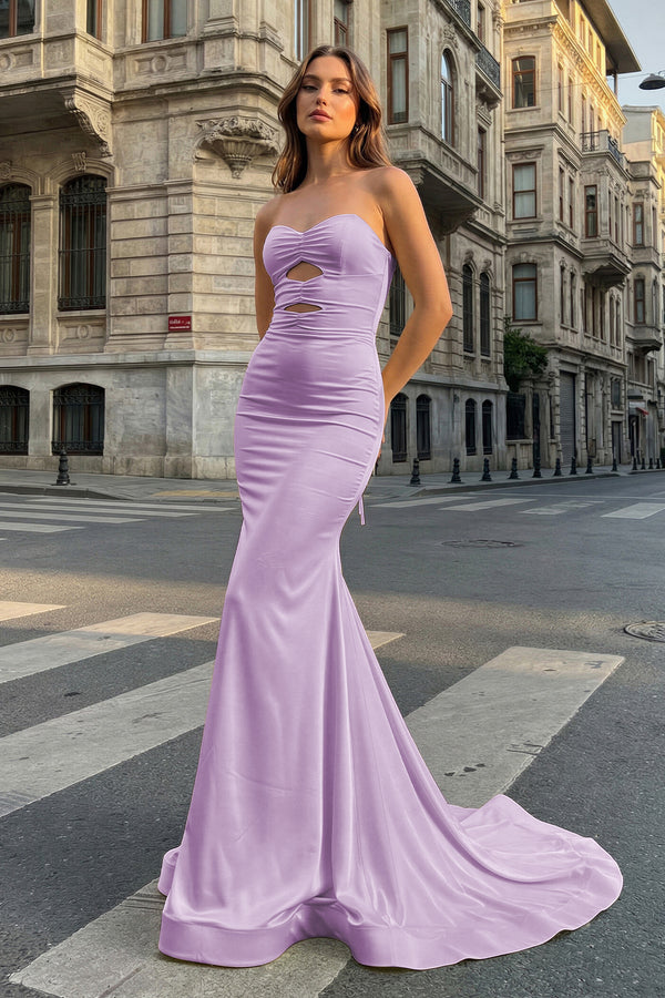 KissProm- Lilac Strapless Mermaid Satin Long Prom Dresses With Cutout