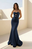Isalyn | Yellow - Strapless Mermaid Satin Long Prom Dresses With Cutout - KissProm
