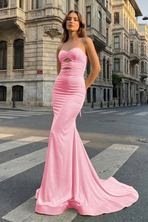 KissProm- Pink Strapless Mermaid Satin Long Prom Dresses With Cutout
