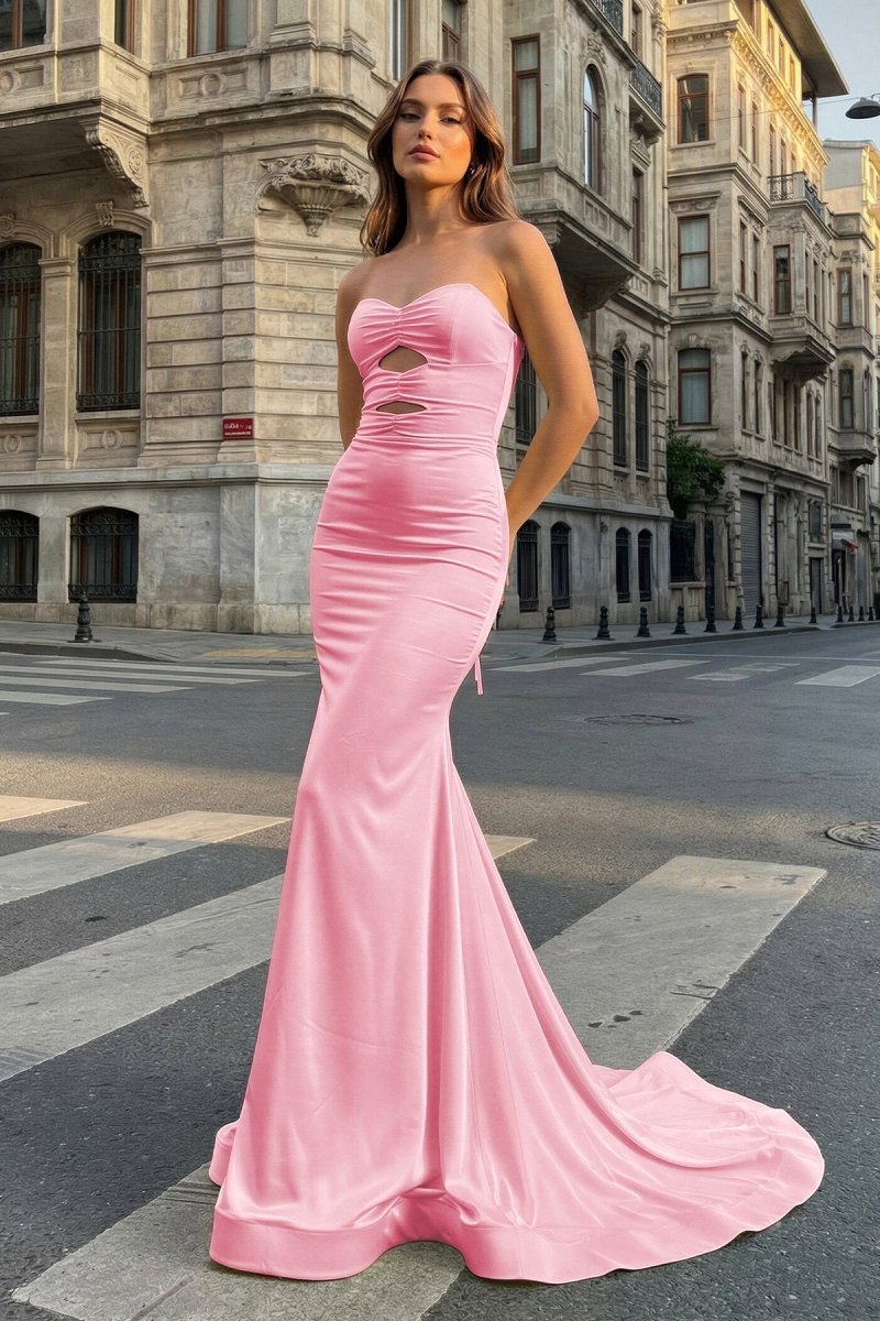 KissProm Yellow Sweetheart Mermaid Satin Long Prom Dresses With Cutout, Lilac / 6