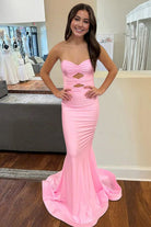 Isalyn | Pink - Strapless Mermaid Satin Long Prom Dresses With Cutout - KissProm