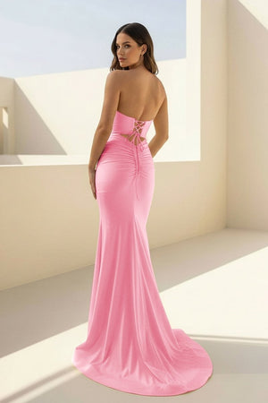 Isalyn | Pink - Strapless Mermaid Satin Long Prom Dresses With Cutout -KissProm
