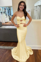 Isalyn | Yellow - Strapless Mermaid Satin Long Prom Dresses With Cutout - KissProm