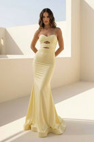 Isalyn | Yellow - Strapless Mermaid Satin Long Prom Dresses With Cutout - KissProm